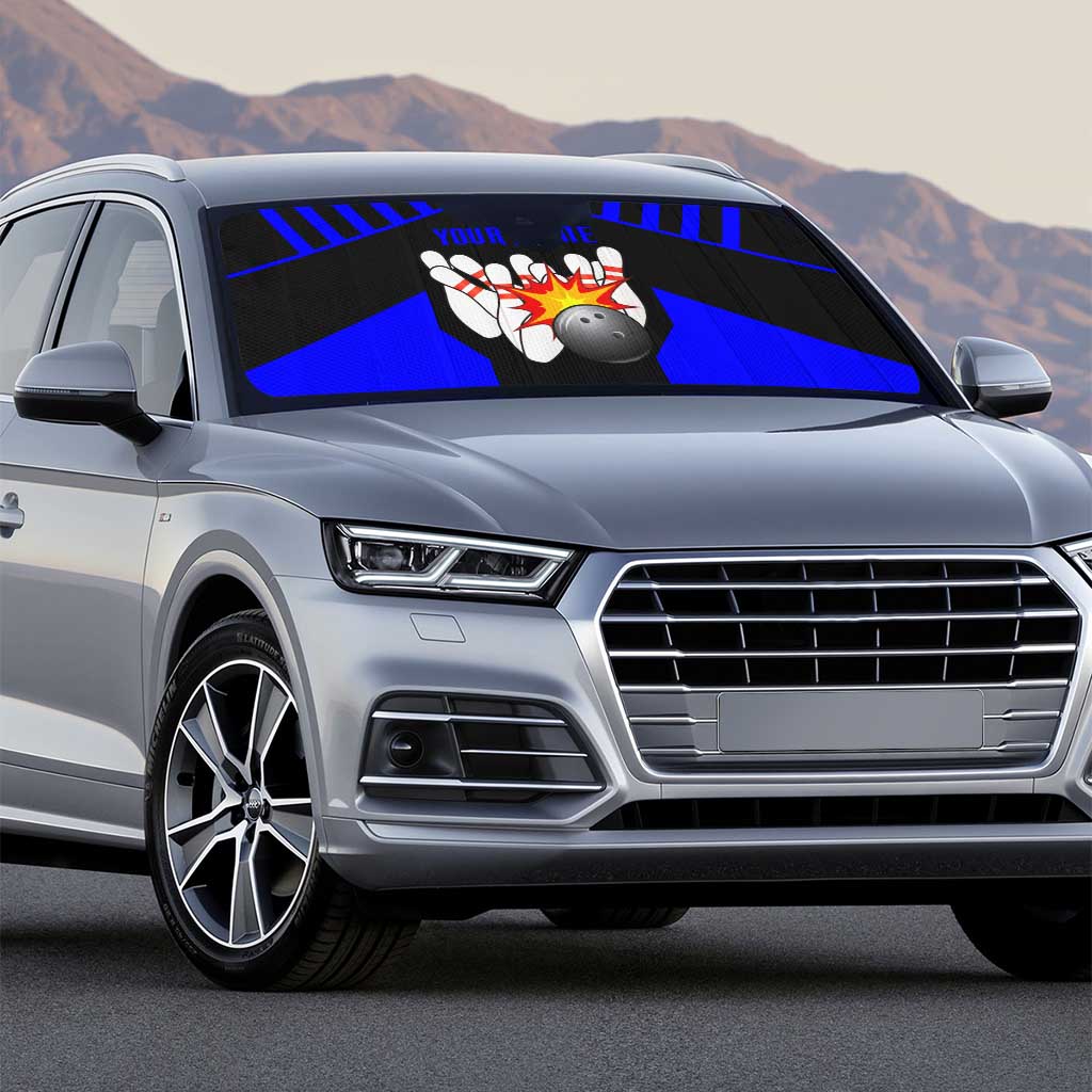 Custom Blue and Black Bowling Auto Sun Shade with Exploding Strike Design Pin Graphics - Wonder Print Shop