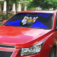 Custom Blue and Black Bowling Auto Sun Shade with Exploding Strike Design Pin Graphics - Wonder Print Shop