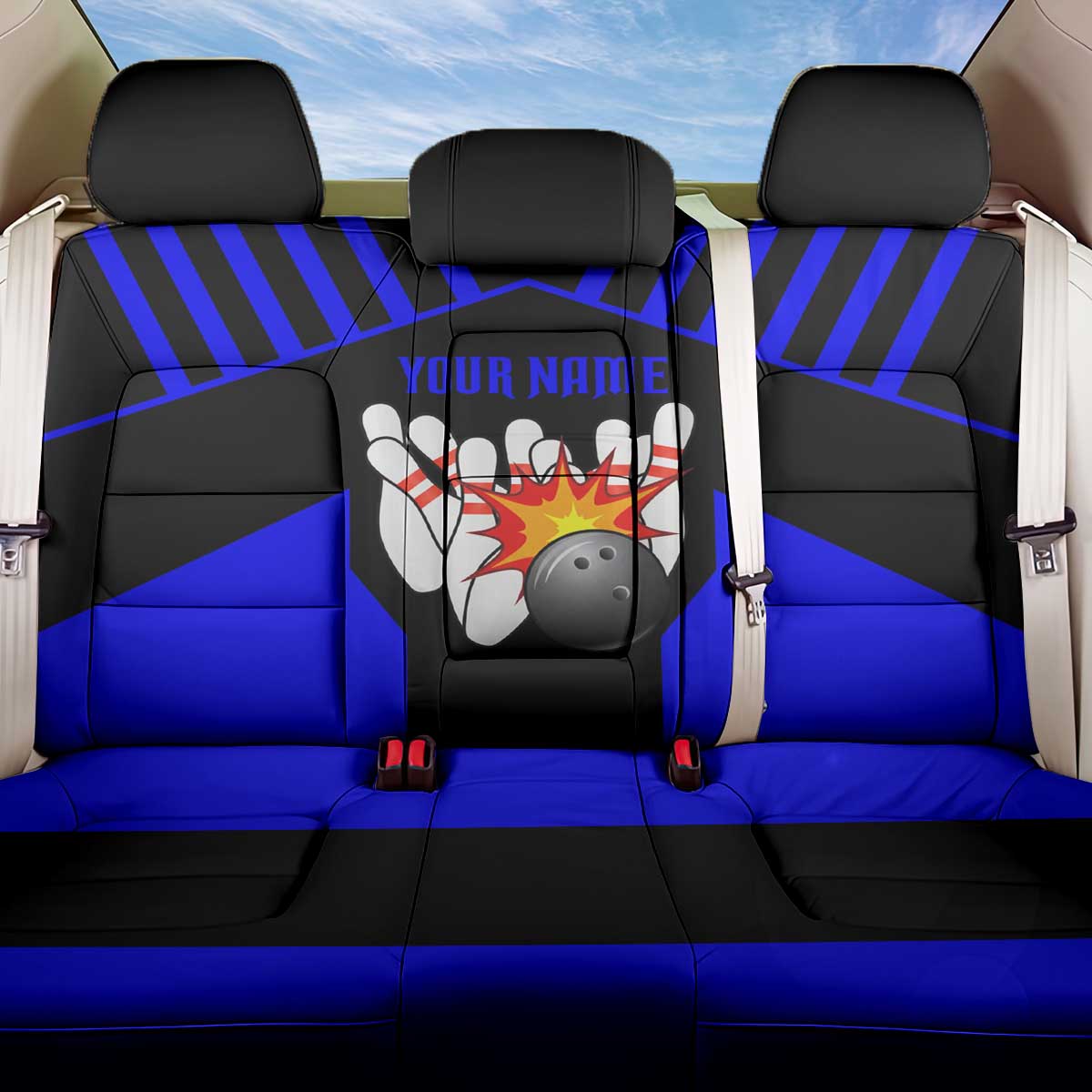 Custom Blue and Black Bowling Back Car Seat Cover with Exploding Strike Design Pin Graphics - Wonder Print Shop