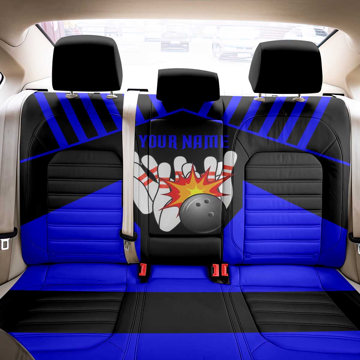Custom Blue and Black Bowling Back Car Seat Cover with Exploding Strike Design Pin Graphics - Wonder Print Shop