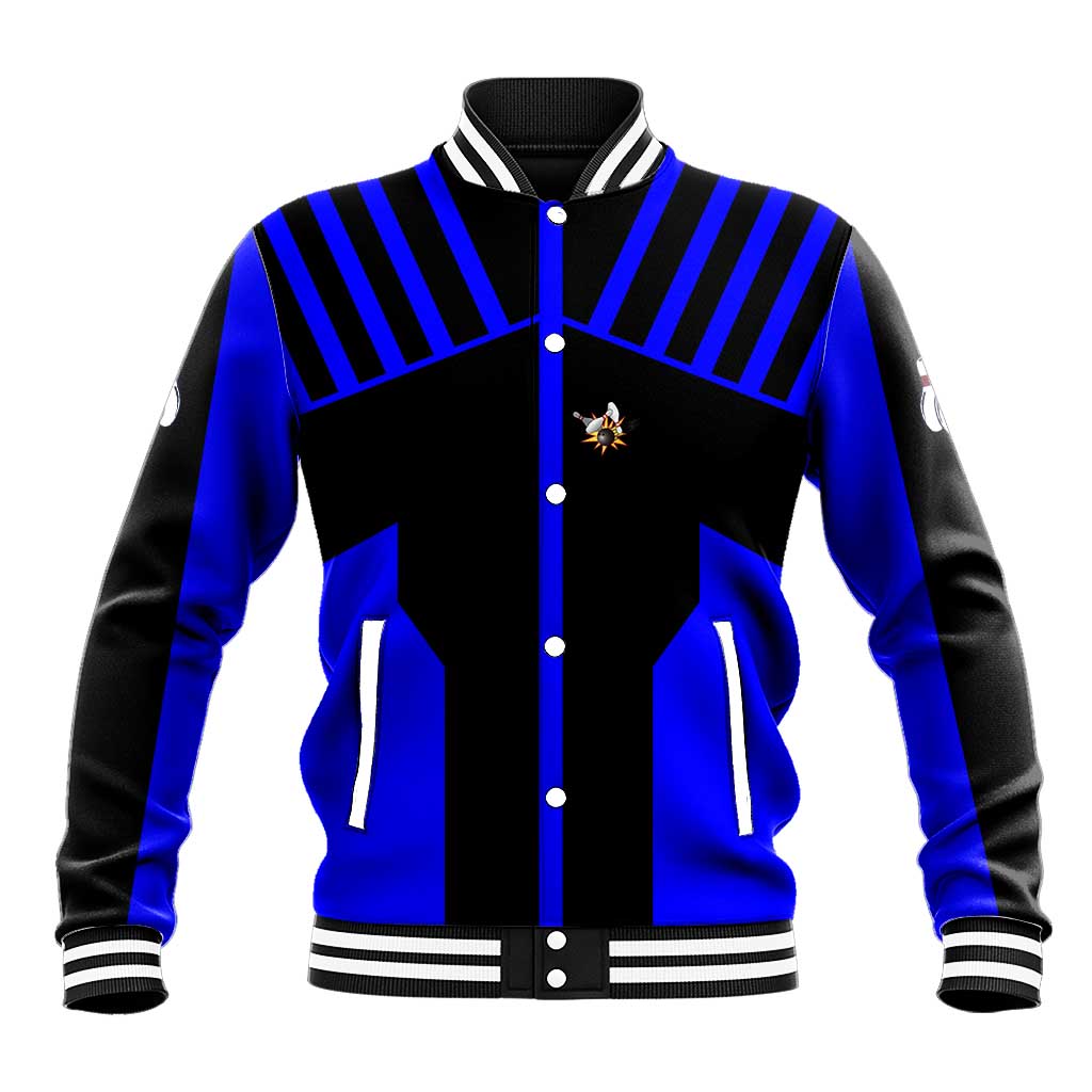 Custom Blue and Black Bowling Baseball Jacket with Exploding Strike Design Pin Graphics - Wonder Print Shop