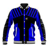 Custom Blue and Black Bowling Baseball Jacket with Exploding Strike Design Pin Graphics - Wonder Print Shop