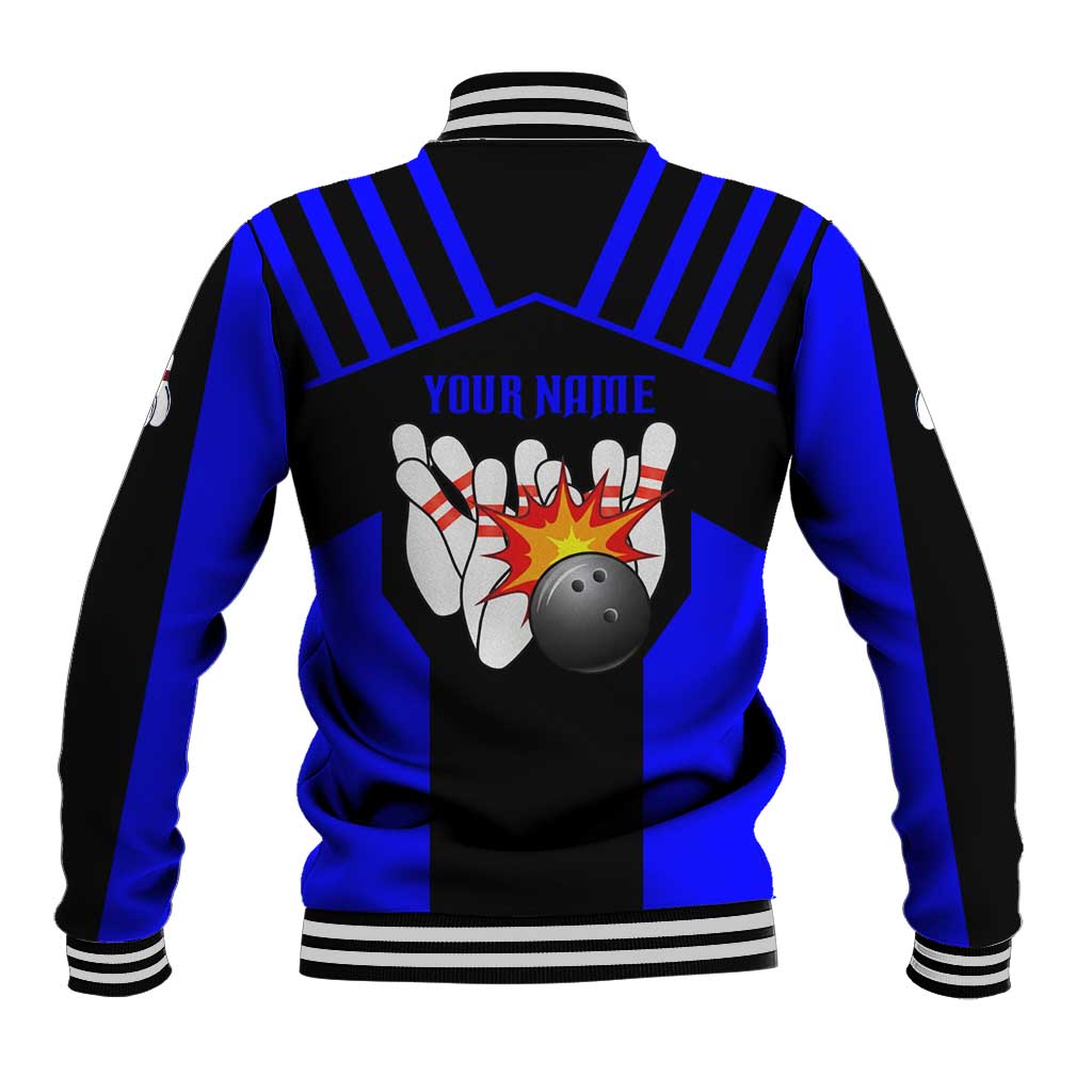 Custom Blue and Black Bowling Baseball Jacket with Exploding Strike Design Pin Graphics - Wonder Print Shop