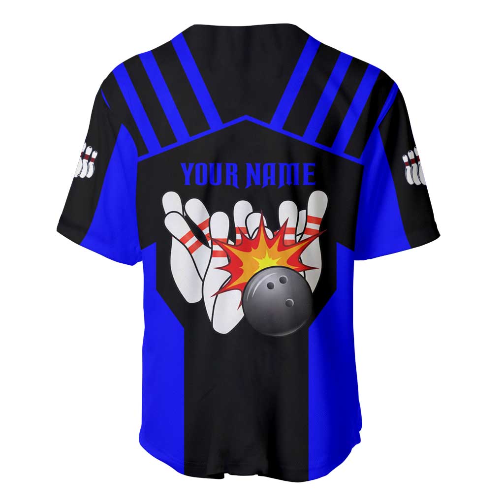 Custom Blue and Black Bowling Baseball Jersey with Exploding Strike Design Pin Graphics - Wonder Print Shop