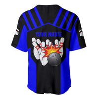 Custom Blue and Black Bowling Baseball Jersey with Exploding Strike Design Pin Graphics - Wonder Print Shop