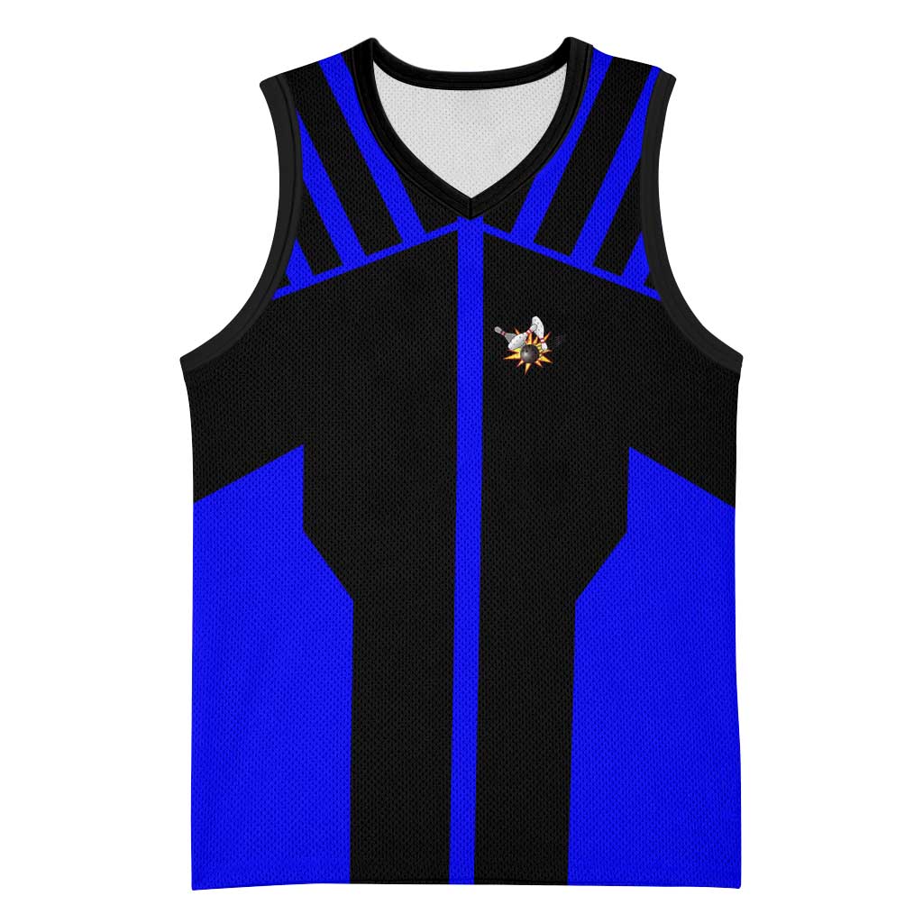 Custom Blue and Black Bowling Basketball Jersey with Exploding Strike Design Pin Graphics - Wonder Print Shop