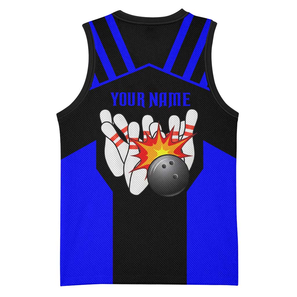 Custom Blue and Black Bowling Basketball Jersey with Exploding Strike Design Pin Graphics - Wonder Print Shop