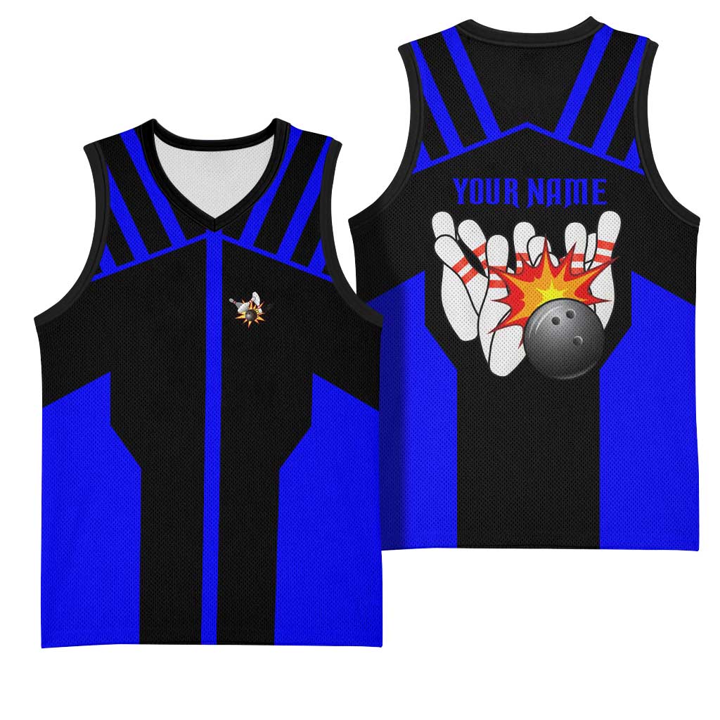 Custom Blue and Black Bowling Basketball Jersey with Exploding Strike Design Pin Graphics - Wonder Print Shop