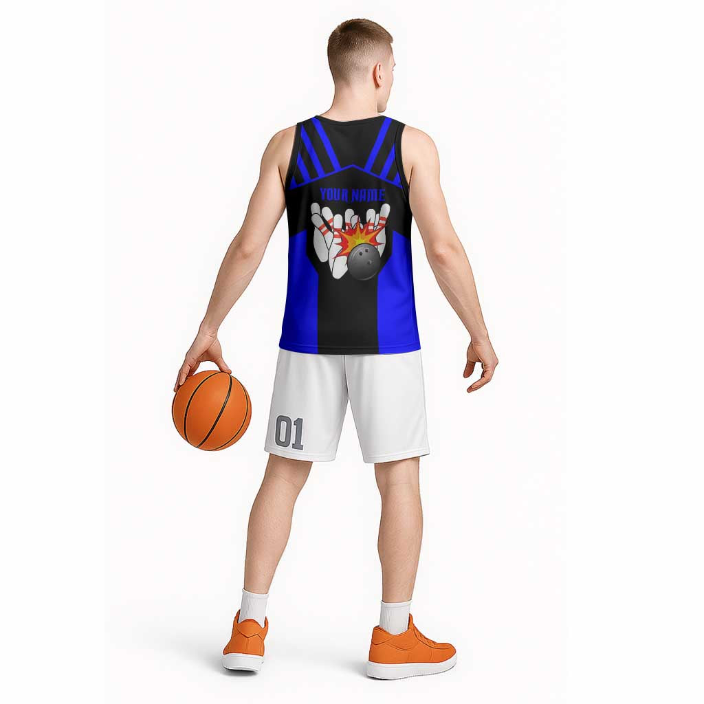 Custom Blue and Black Bowling Basketball Jersey with Exploding Strike Design Pin Graphics - Wonder Print Shop