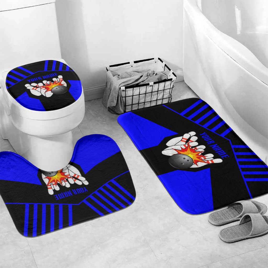 Custom Blue and Black Bowling Bathroom Set with Exploding Strike Design Pin Graphics - Wonder Print Shop