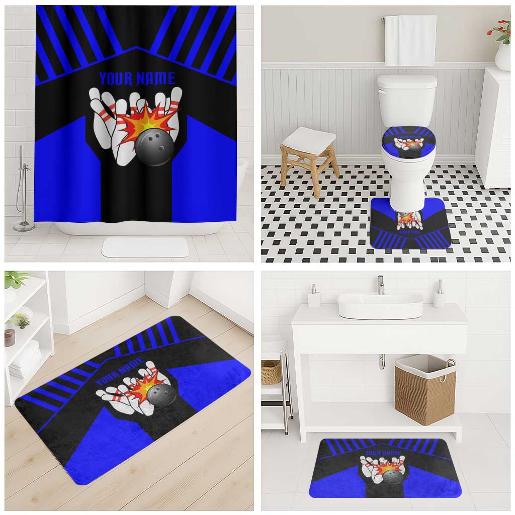 Custom Blue and Black Bowling Bathroom Set with Exploding Strike Design Pin Graphics - Wonder Print Shop