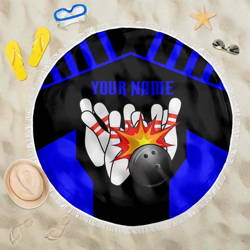 Custom Blue and Black Bowling Beach Blanket with Exploding Strike Design Pin Graphics - Wonder Print Shop
