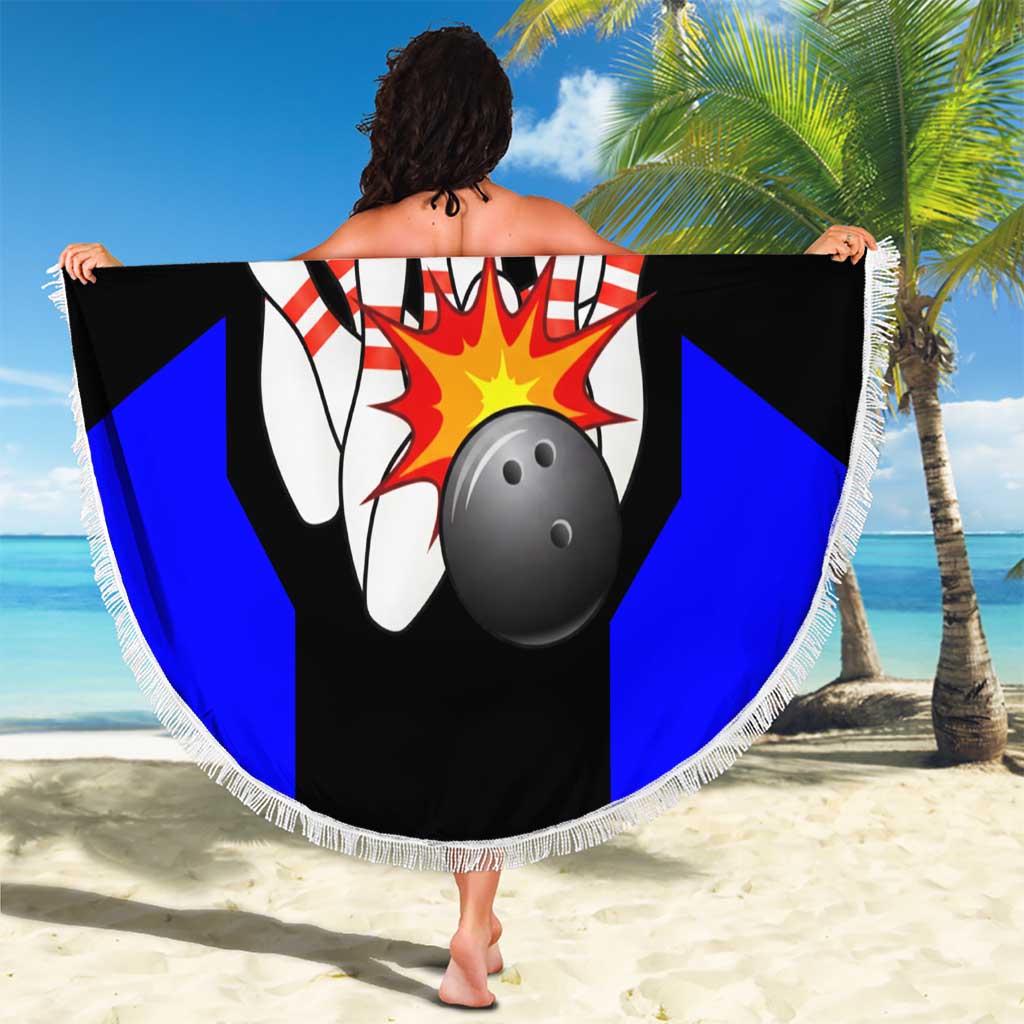 Custom Blue and Black Bowling Beach Blanket with Exploding Strike Design Pin Graphics - Wonder Print Shop