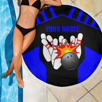 Custom Blue and Black Bowling Beach Blanket with Exploding Strike Design Pin Graphics - Wonder Print Shop