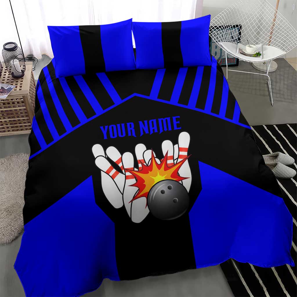 Custom Blue and Black Bowling Bedding Set with Exploding Strike Design Pin Graphics - Wonder Print Shop