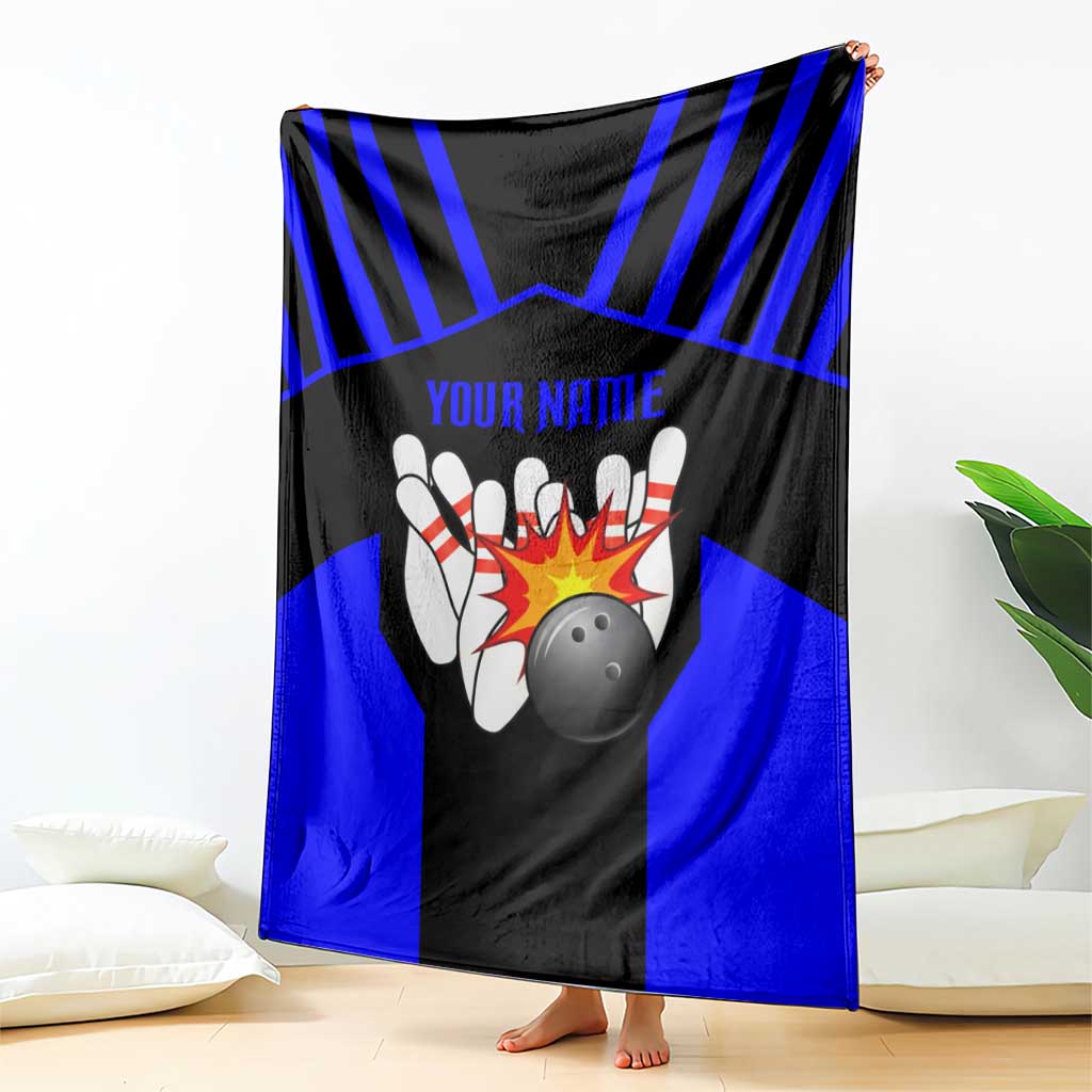 Custom Blue and Black Bowling Blanket with Exploding Strike Design Pin Graphics - Wonder Print Shop