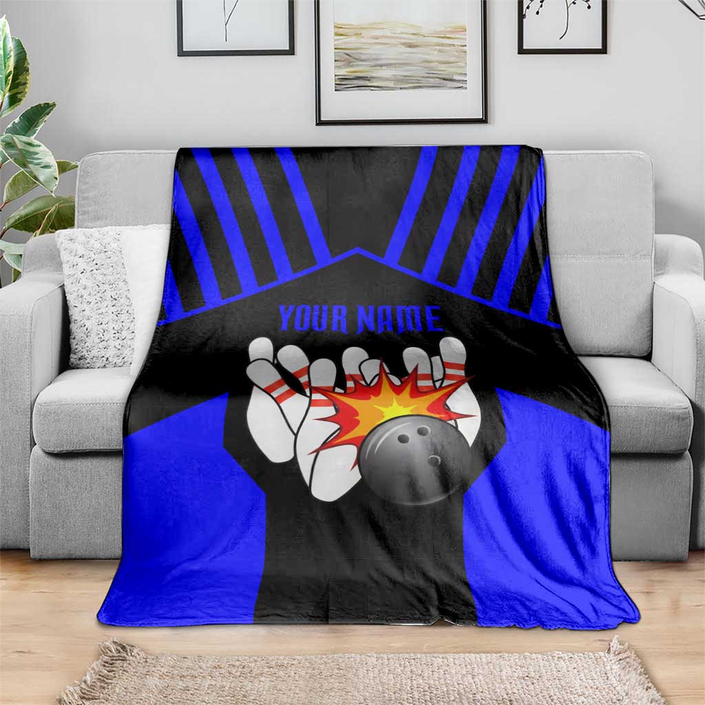 Custom Blue and Black Bowling Blanket with Exploding Strike Design Pin Graphics - Wonder Print Shop