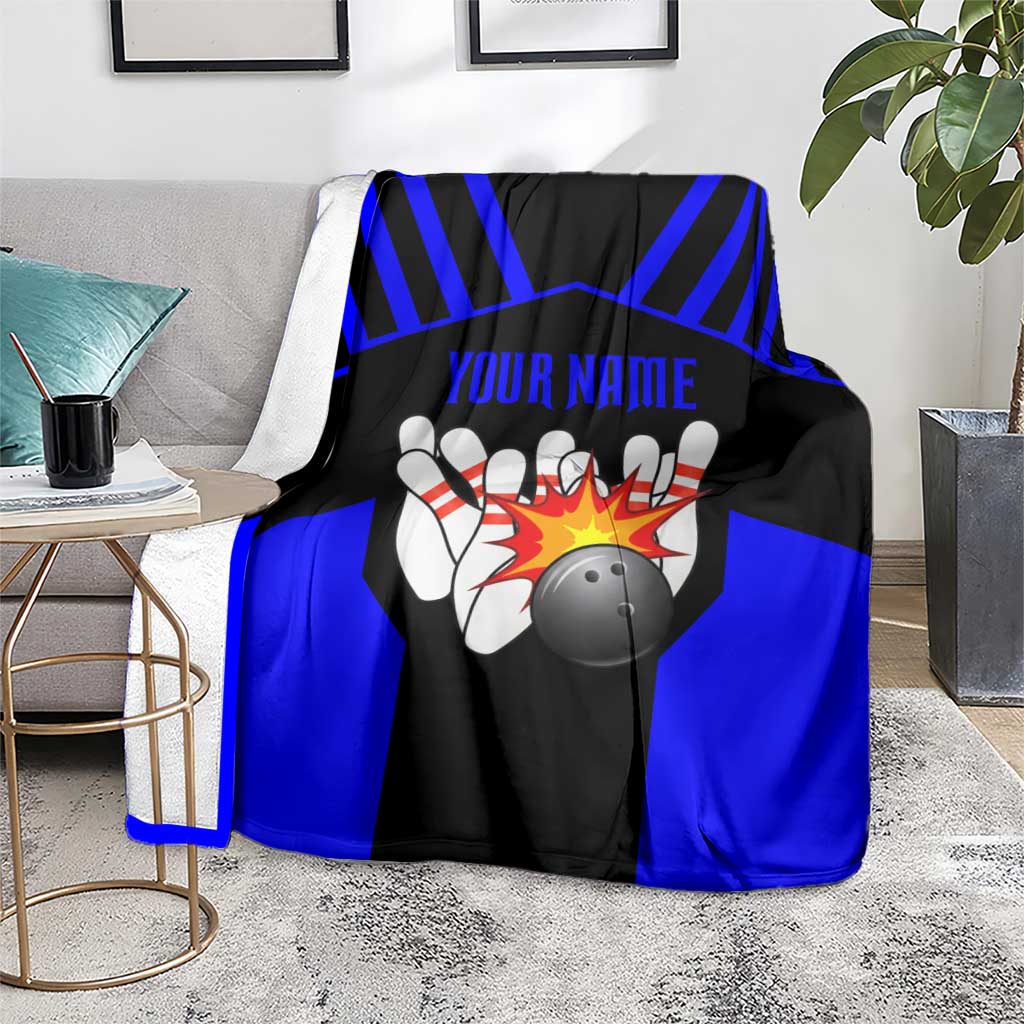 Custom Blue and Black Bowling Blanket with Exploding Strike Design Pin Graphics - Wonder Print Shop