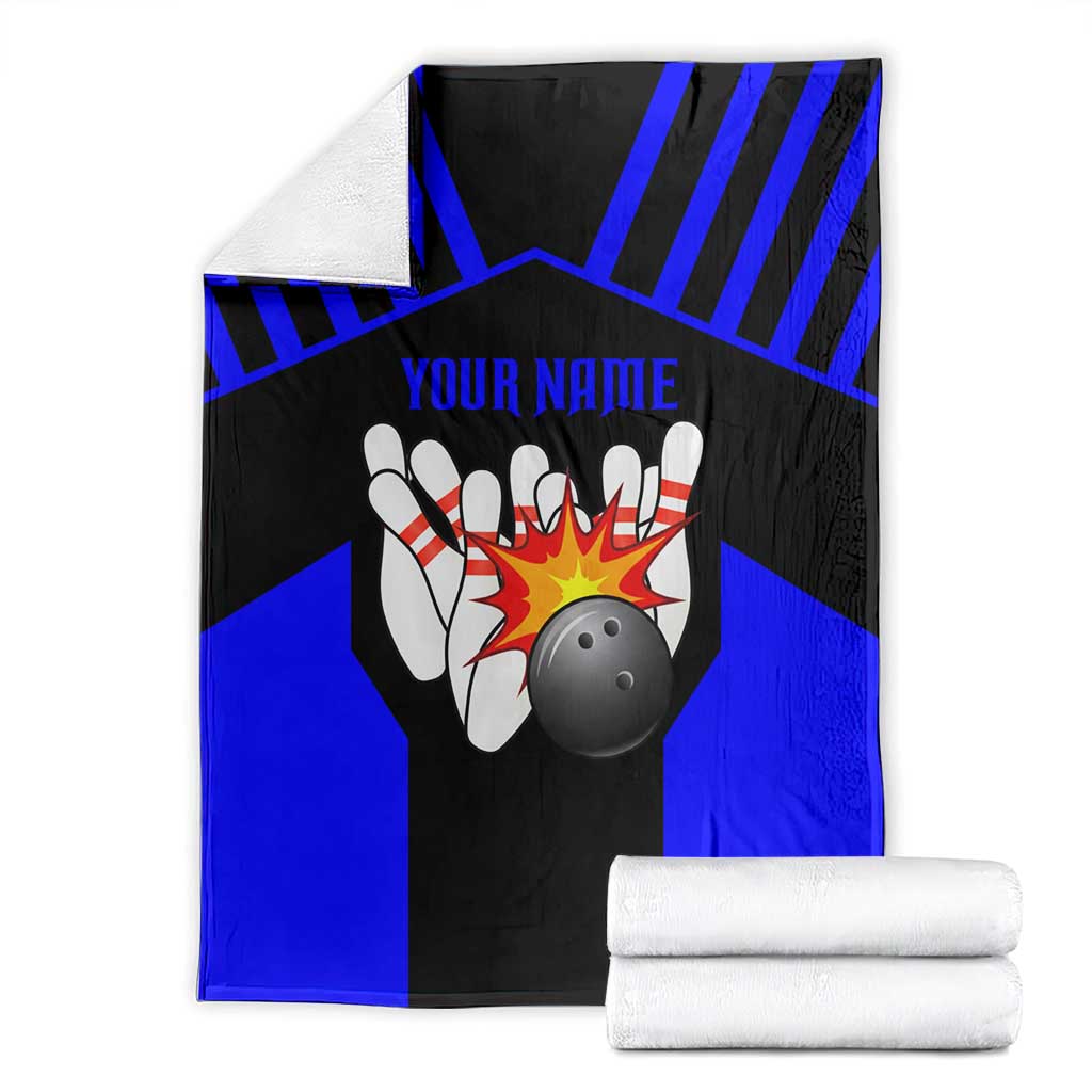 Custom Blue and Black Bowling Blanket with Exploding Strike Design Pin Graphics - Wonder Print Shop