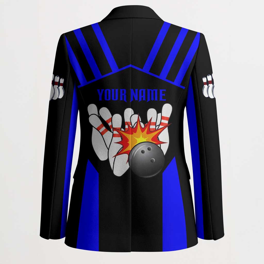 Custom Blue and Black Bowling Blazer with Exploding Strike Design Pin Graphics - Wonder Print Shop