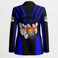 Custom Blue and Black Bowling Blazer with Exploding Strike Design Pin Graphics - Wonder Print Shop