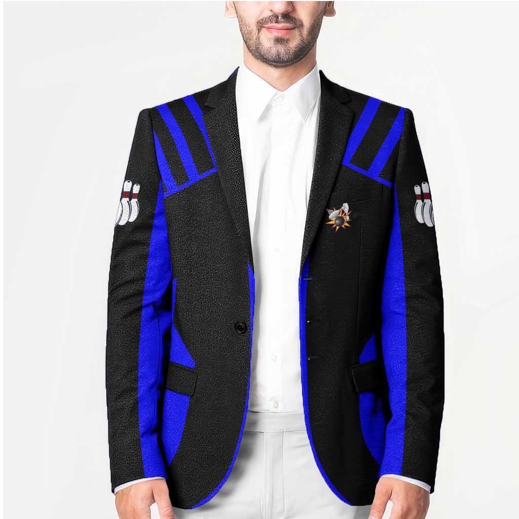 Custom Blue and Black Bowling Blazer with Exploding Strike Design Pin Graphics - Wonder Print Shop