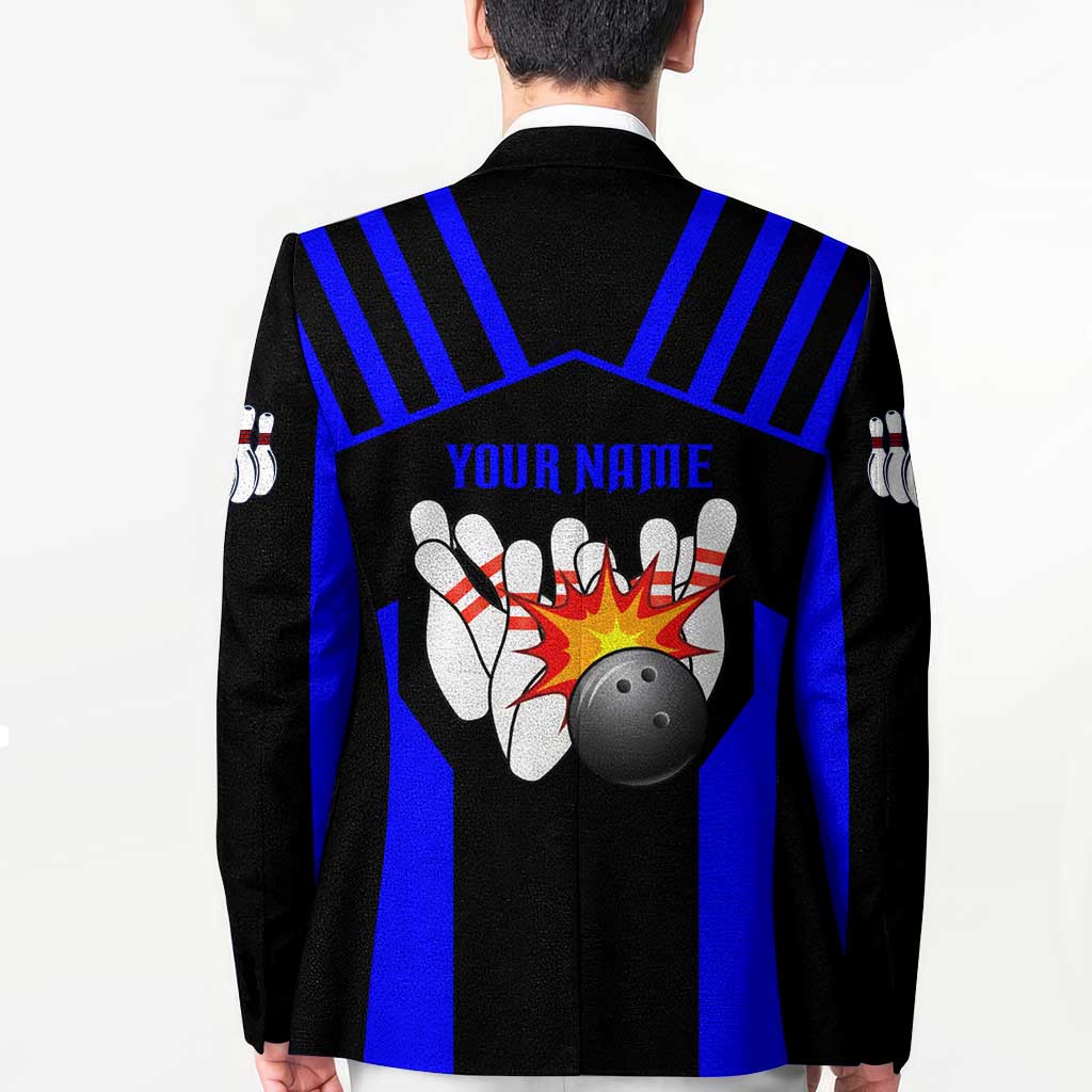 Custom Blue and Black Bowling Blazer with Exploding Strike Design Pin Graphics - Wonder Print Shop