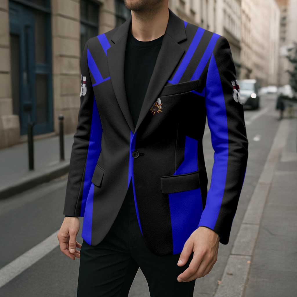 Custom Blue and Black Bowling Blazer with Exploding Strike Design Pin Graphics - Wonder Print Shop