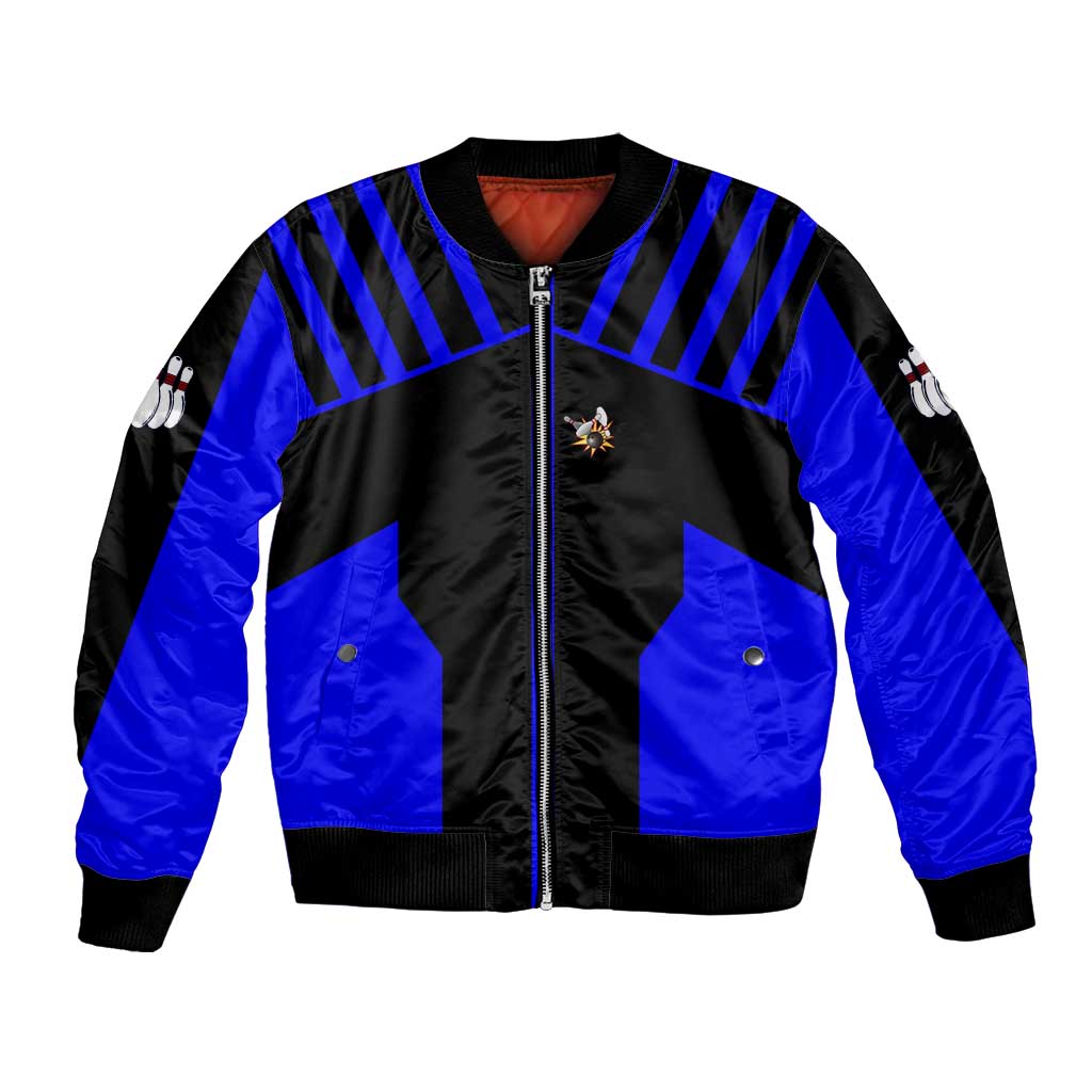 Custom Blue and Black Bowling Bomber Jacket with Exploding Strike Design Pin Graphics - Wonder Print Shop