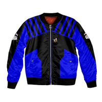 Custom Blue and Black Bowling Bomber Jacket with Exploding Strike Design Pin Graphics - Wonder Print Shop