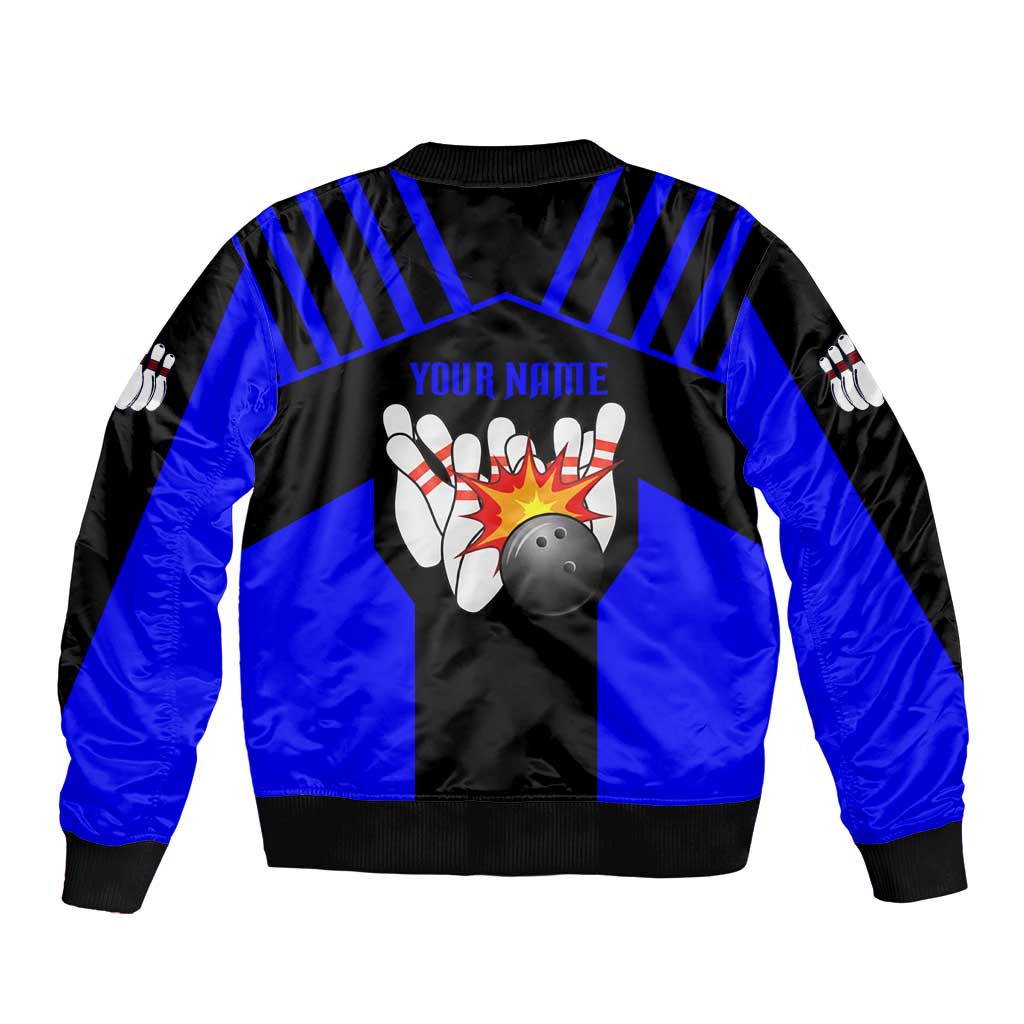 Custom Blue and Black Bowling Bomber Jacket with Exploding Strike Design Pin Graphics - Wonder Print Shop