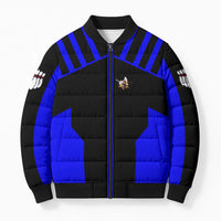 Custom Blue and Black Bowling Bomber Puffer Jacket with Exploding Strike Design Pin Graphics - Wonder Print Shop