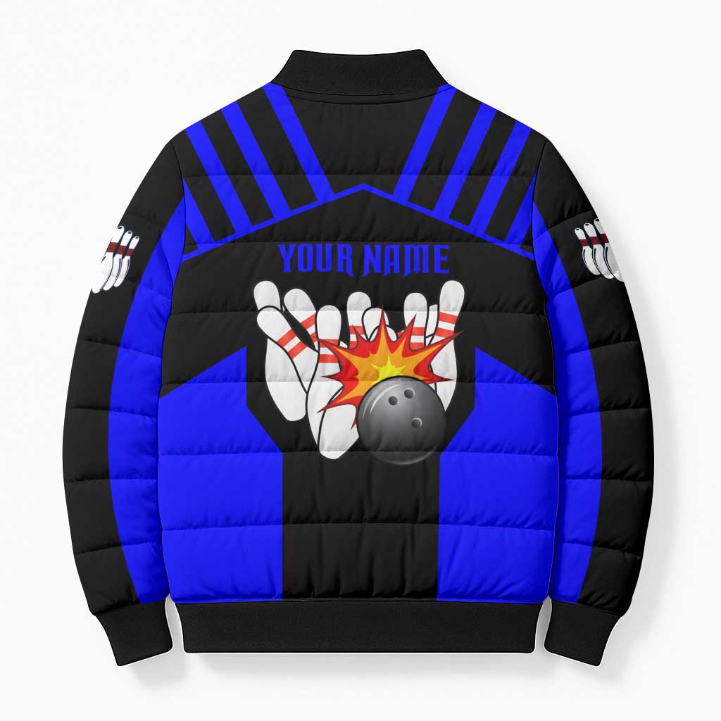 Custom Blue and Black Bowling Bomber Puffer Jacket with Exploding Strike Design Pin Graphics - Wonder Print Shop