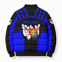 Custom Blue and Black Bowling Bomber Puffer Jacket with Exploding Strike Design Pin Graphics - Wonder Print Shop