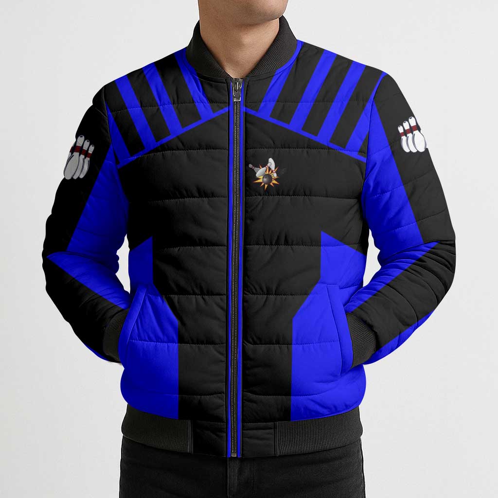 Custom Blue and Black Bowling Bomber Puffer Jacket with Exploding Strike Design Pin Graphics - Wonder Print Shop