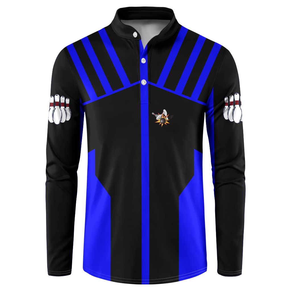 Custom Blue and Black Bowling Button Sweatshirt with Exploding Strike Design Pin Graphics - Wonder Print Shop