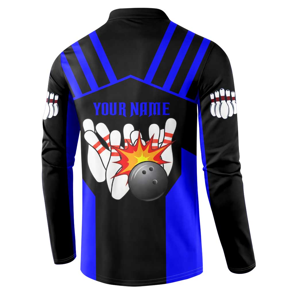 Custom Blue and Black Bowling Button Sweatshirt with Exploding Strike Design Pin Graphics - Wonder Print Shop