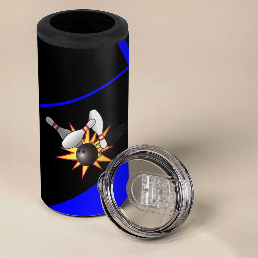 Custom Blue and Black Bowling 4 in 1 Can Cooler Tumbler with Exploding Strike Design Pin Graphics - Wonder Print Shop