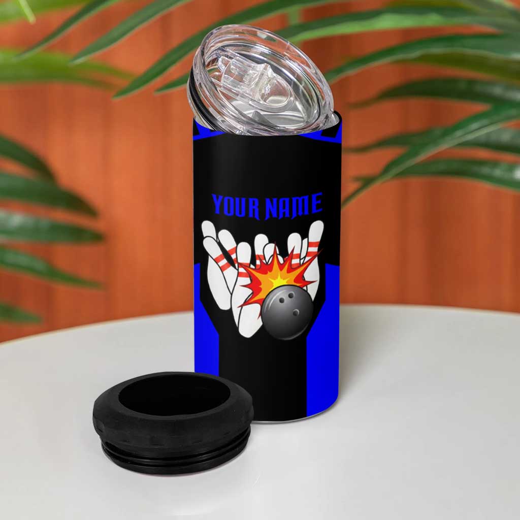 Custom Blue and Black Bowling 4 in 1 Can Cooler Tumbler with Exploding Strike Design Pin Graphics - Wonder Print Shop