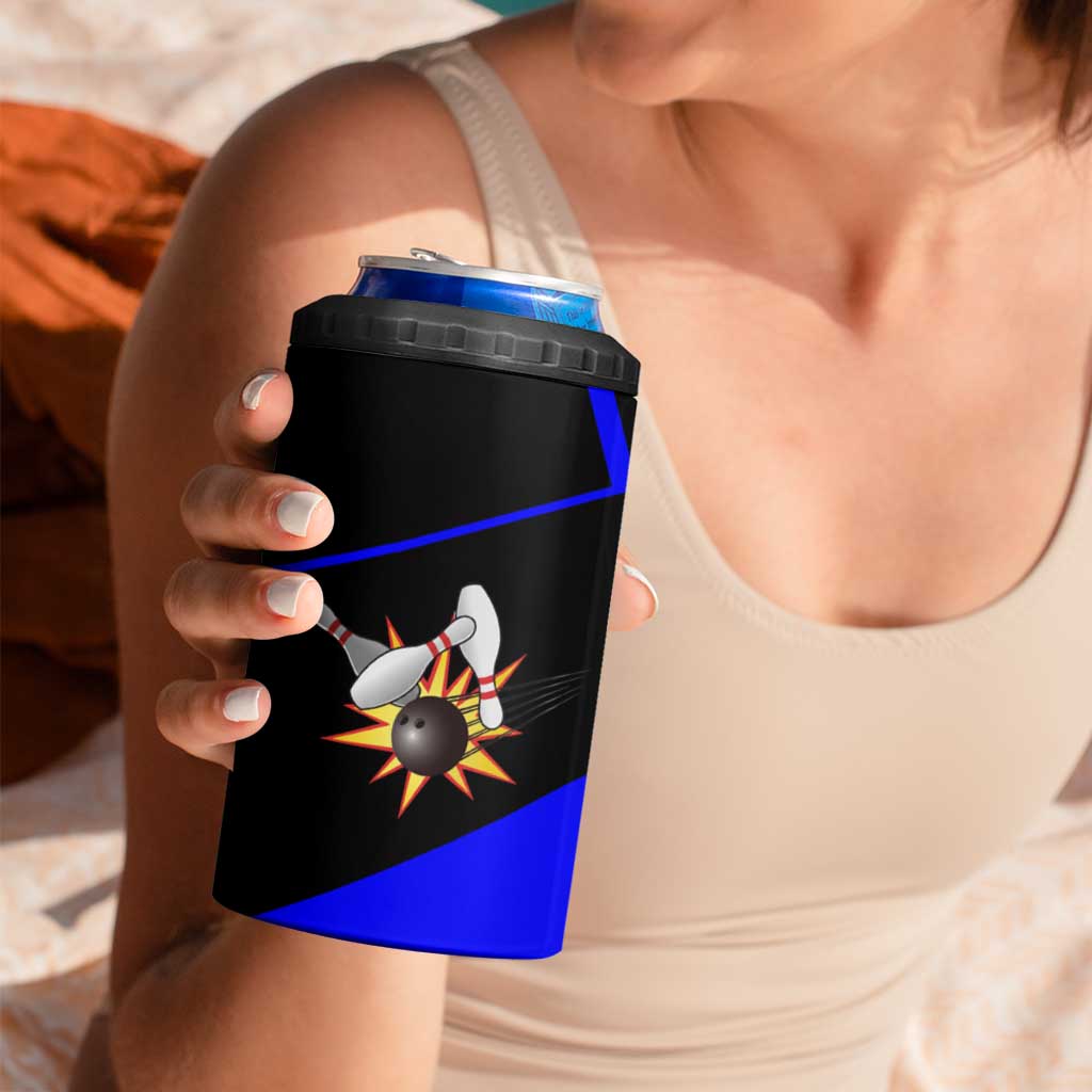 Custom Blue and Black Bowling 4 in 1 Can Cooler Tumbler with Exploding Strike Design Pin Graphics - Wonder Print Shop