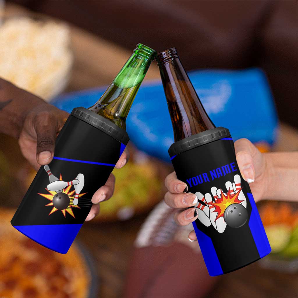 Custom Blue and Black Bowling 4 in 1 Can Cooler Tumbler with Exploding Strike Design Pin Graphics - Wonder Print Shop
