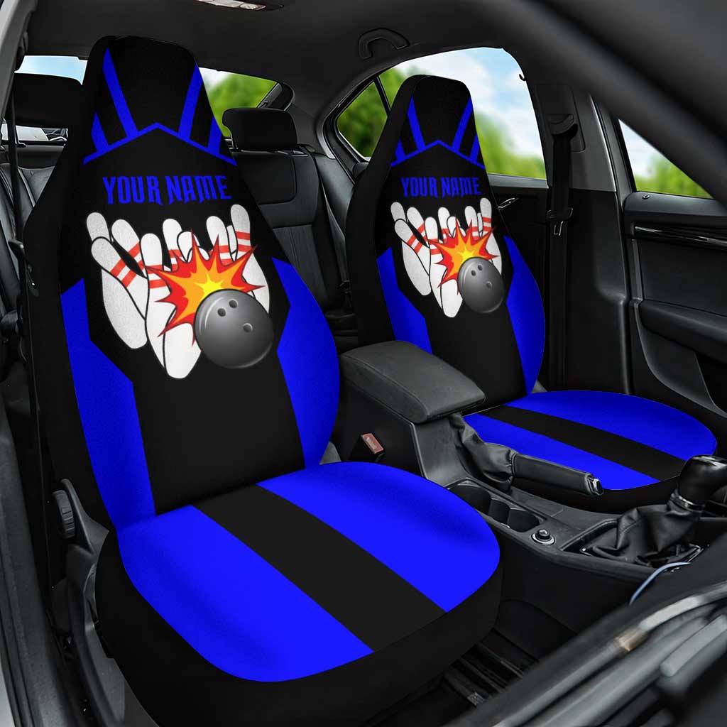 Custom Blue and Black Bowling Car Seat Cover with Exploding Strike Design Pin Graphics - Wonder Print Shop