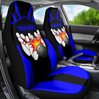 Custom Blue and Black Bowling Car Seat Cover with Exploding Strike Design Pin Graphics - Wonder Print Shop