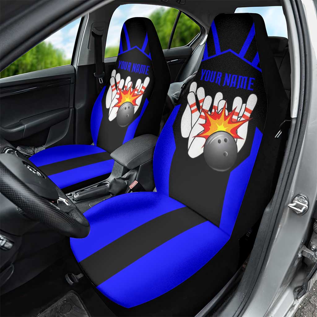 Custom Blue and Black Bowling Car Seat Cover with Exploding Strike Design Pin Graphics - Wonder Print Shop