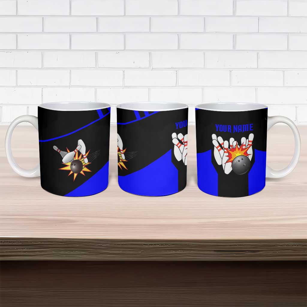 Custom Blue and Black Bowling Ceramic Mug with Exploding Strike Design Pin Graphics - Wonder Print Shop