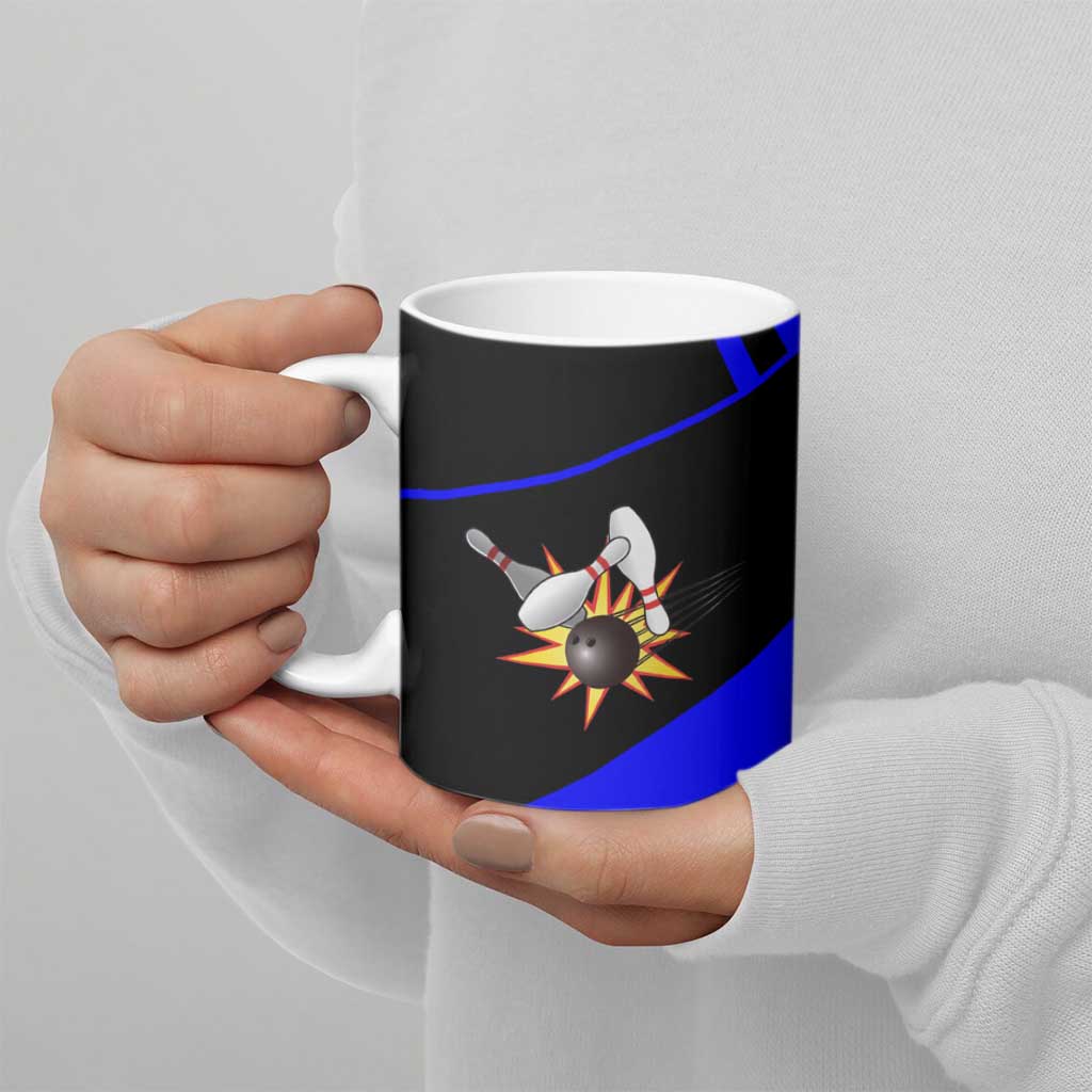 Custom Blue and Black Bowling Ceramic Mug with Exploding Strike Design Pin Graphics - Wonder Print Shop