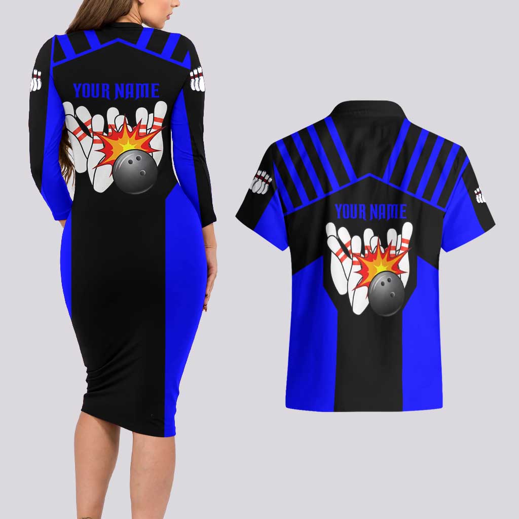 Custom Blue and Black Bowling Couples Matching Long Sleeve Bodycon Dress and Hawaiian Shirt with Exploding Strike Design Pin Graphics - Wonder Print Shop