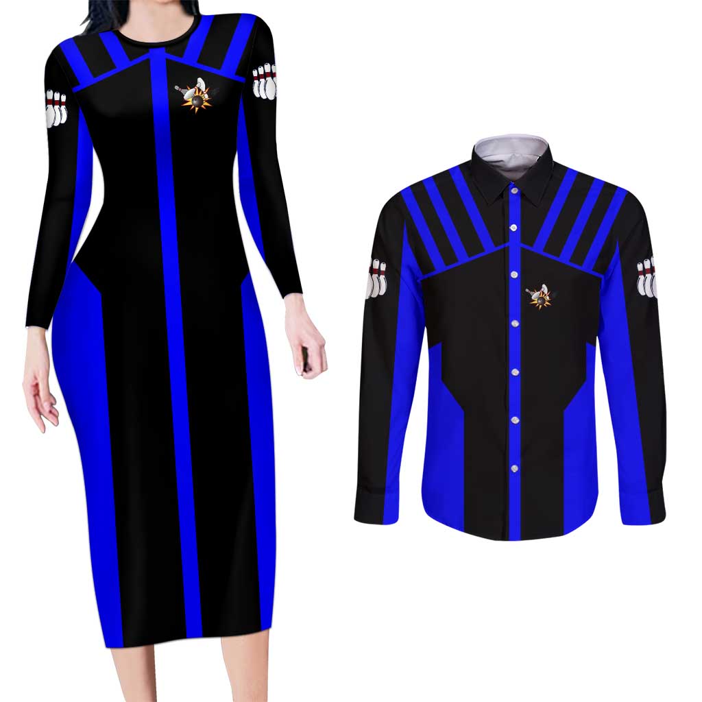 Custom Blue and Black Bowling Couples Matching Long Sleeve Bodycon Dress and Long Sleeve Button Shirt with Exploding Strike Design Pin Graphics - Wonder Print Shop