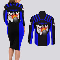 Custom Blue and Black Bowling Couples Matching Long Sleeve Bodycon Dress and Long Sleeve Button Shirt with Exploding Strike Design Pin Graphics - Wonder Print Shop