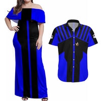 Custom Blue and Black Bowling Couples Matching Off Shoulder Maxi Dress and Hawaiian Shirt with Exploding Strike Design Pin Graphics - Wonder Print Shop